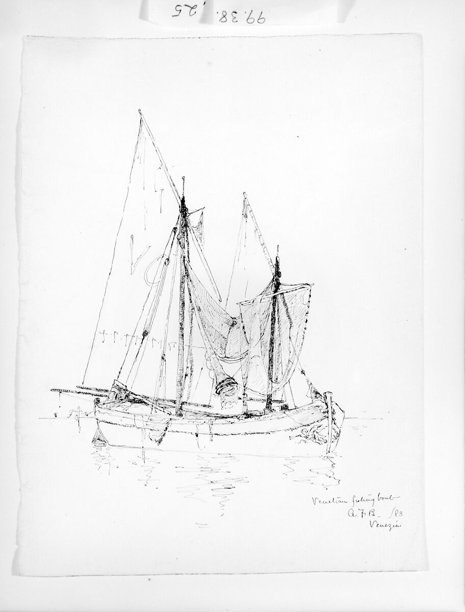 Venetian Fishing Boat, Venice, Andrew Fisher Bunner (1841–1897), Black ink and graphite traces on off-white wove paper, American 