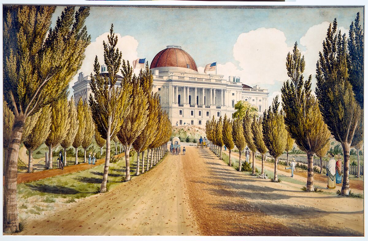 View of the Capitol, Charles W. Burton (American, born England 1807, active New York 1840–49), Watercolor, pen and black ink, and gum arabic on off-white wove paper, American