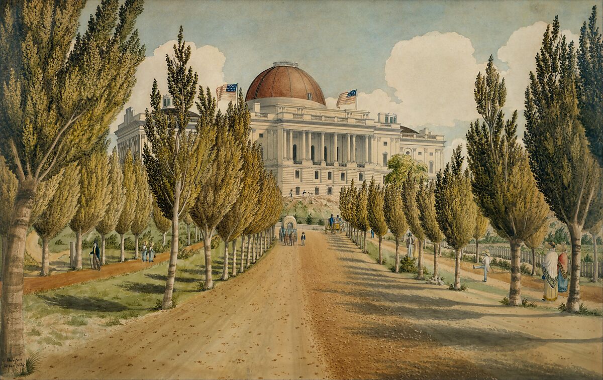 View of the Capitol, Charles W. Burton (American, born England 1807, active New York 1840–49), Watercolor, pen and black ink, and gum arabic on off-white wove paper, American 