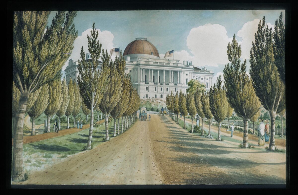 View of the Capitol, Charles W. Burton (American, born England 1807, active New York 1840–49), Watercolor, pen and black ink, and gum arabic on off-white wove paper, American