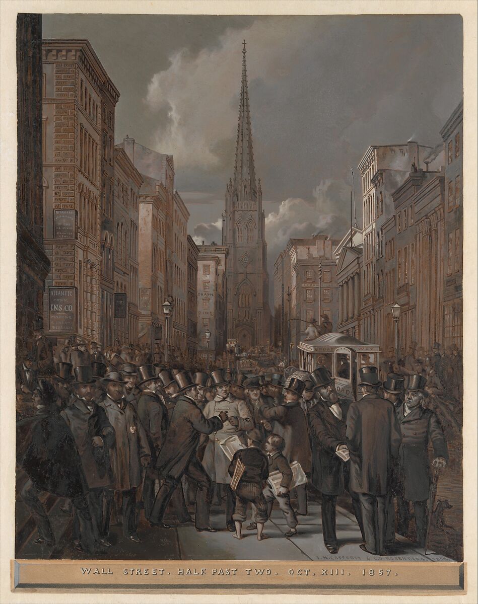 Wall Street, Half Past Two, October 13, 1857, James H. Cafferty (1819–1869), Oil on paper, American