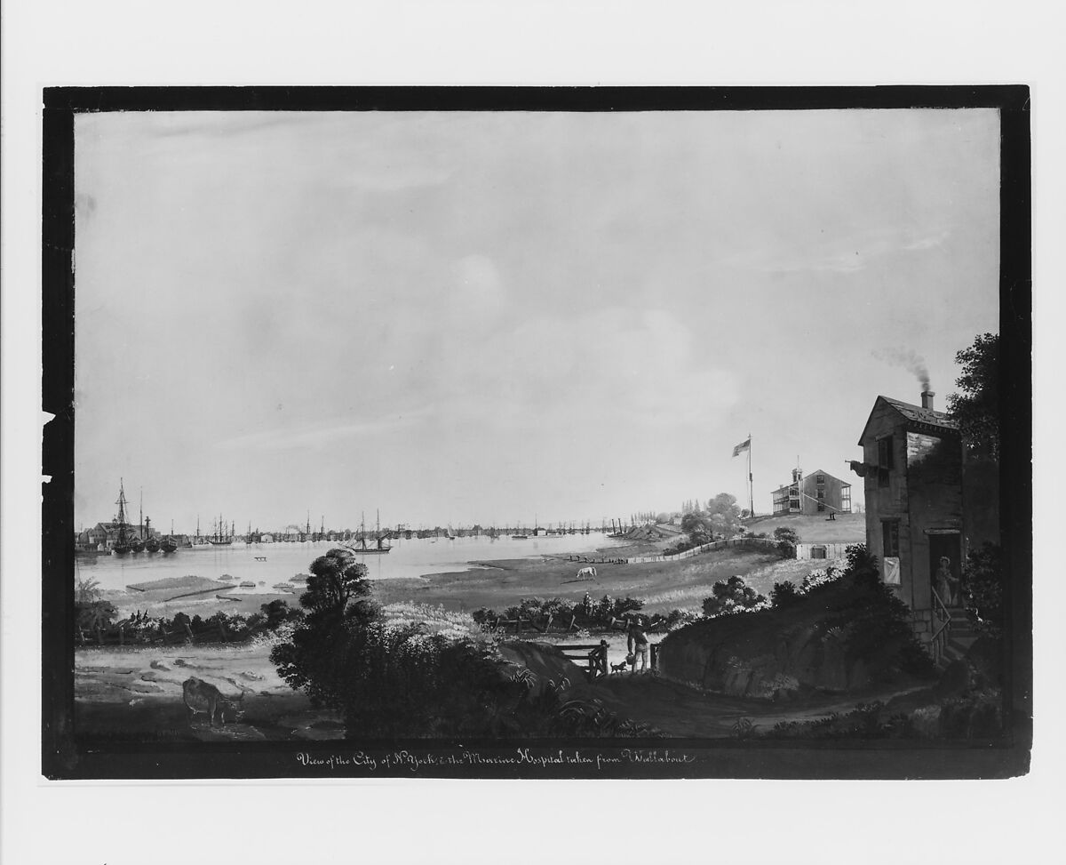 View of the City of New York and the Marine Hospital Taken from Wallabout, Nicolino Calyo (American (born Italy), Naples 1799–1884 New York), Gouache on off-white  wove paper, American