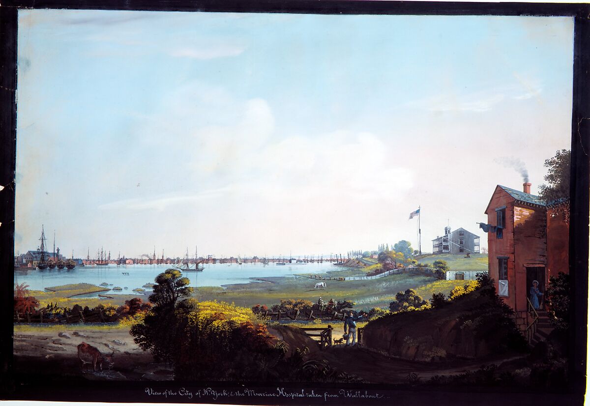 View of the City of New York and the Marine Hospital Taken from Wallabout, Nicolino Calyo (American (born Italy), Naples 1799–1884 New York), Gouache on off-white  wove paper, American 