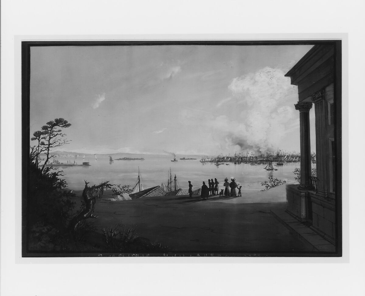 View of the City of New York and Governors Island Taken from Brooklyn Heights on the Morning after the Conflagration, Nicolino Calyo (American (born Italy), Naples 1799–1884 New York), Watercolor, gouache on off-white wove paper, American
