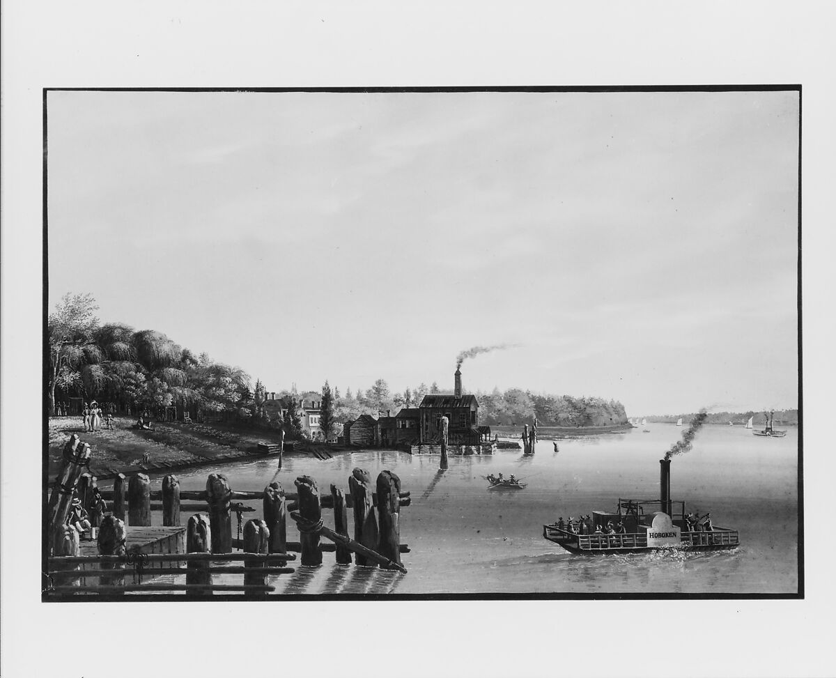 View of Hoboken Taken from the Ferry, Nicolino Calyo (American (born Italy), Naples 1799–1884 New York), Gouache on off-white wove paper, American
