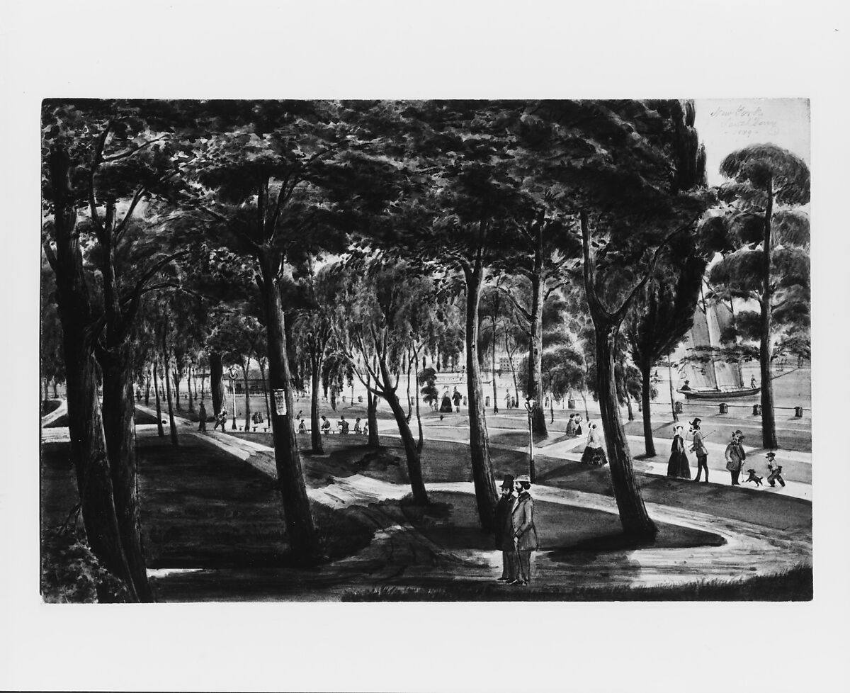 Battery Park, New York, Probably Christian Gottlieb Cantzlier (1796–1887), Watercolor, graphite, and sgraffito on off-white Bristol board, American