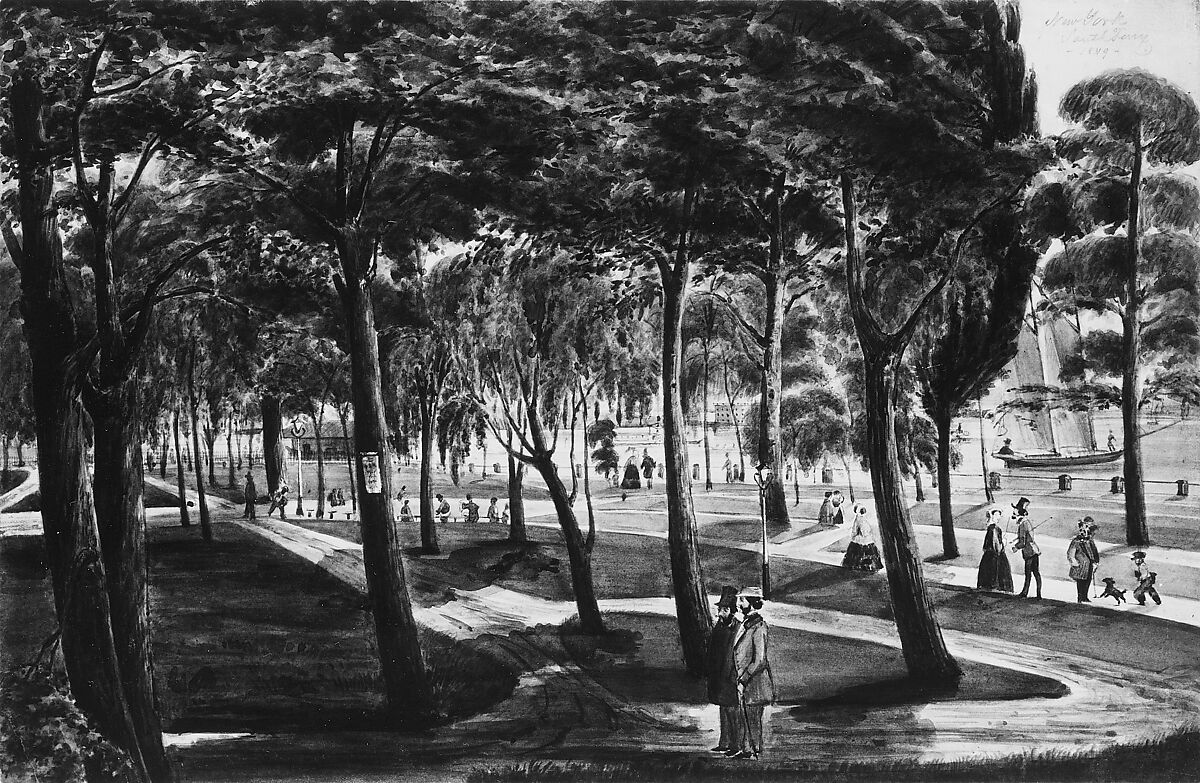 Battery Park, New York, Probably Christian Gottlieb Cantzlier (1796–1887), Watercolor, graphite, and sgraffito on off-white Bristol board, American 