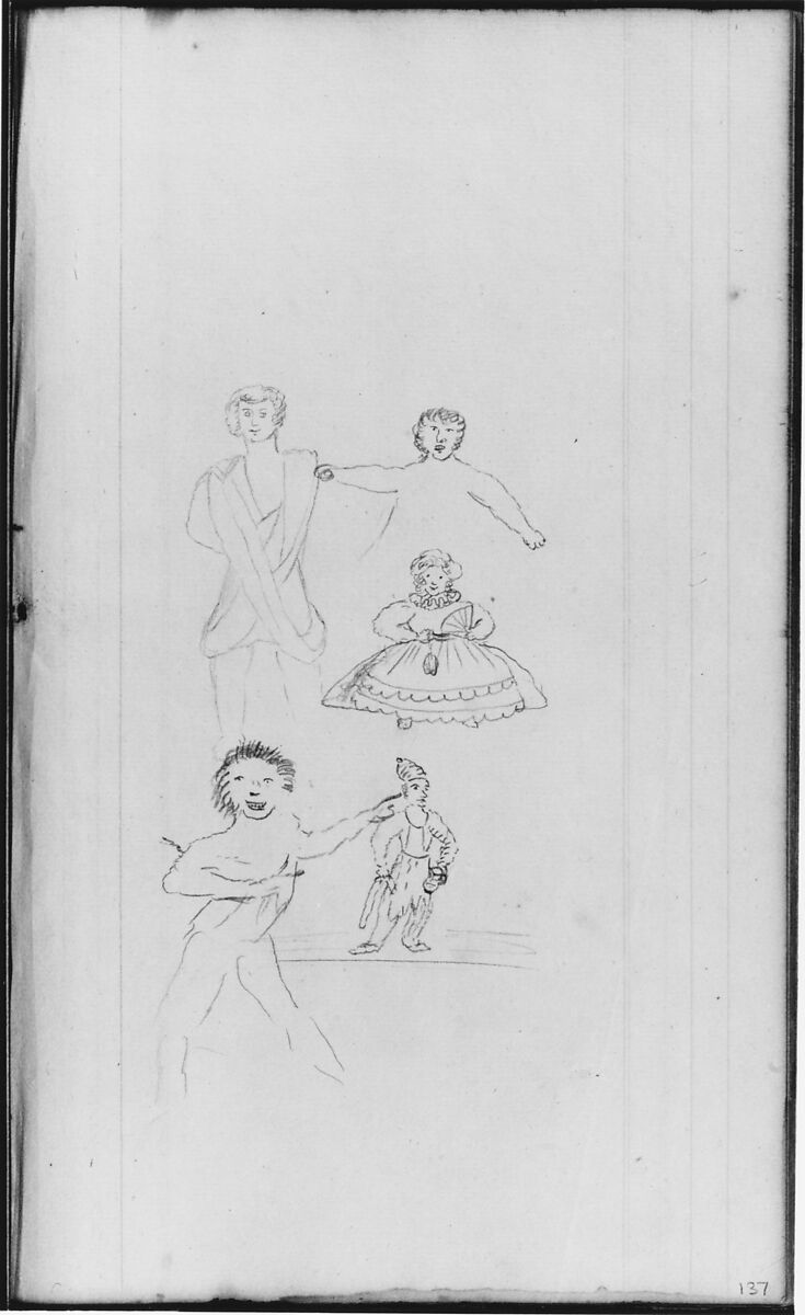 Sketchbook of Figure Studies, John William Casilear (American, New York 1811–1893 Saratoga Springs, New York), Drawings in graphite, pen and ink, and watercolor on off-white wove paper affixed with adhesive wafers at corners to dark tan laid (ledgerbook) paper, bound in a cardboard cover with leather trim, American