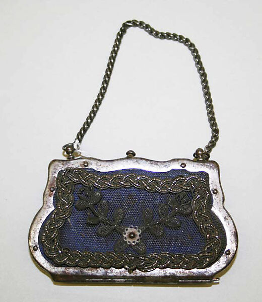 Purse, gunmetal, silver, silk, probably American 