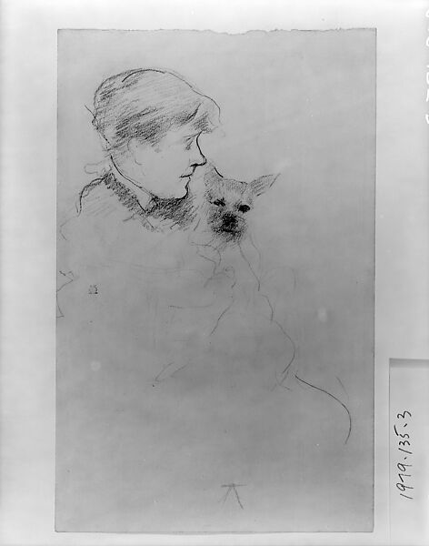 Woman with Dog, Mary Cassatt (American, Pittsburgh, Pennsylvania 1844–1926 Le Mesnil-Théribus, Oise), Black Conté crayon on off-white wove paper, American