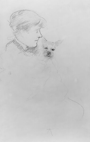 Woman with Dog, Mary Cassatt (American, Pittsburgh, Pennsylvania 1844–1926 Le Mesnil-Théribus, Oise), Black Conté crayon on off-white wove paper, American 