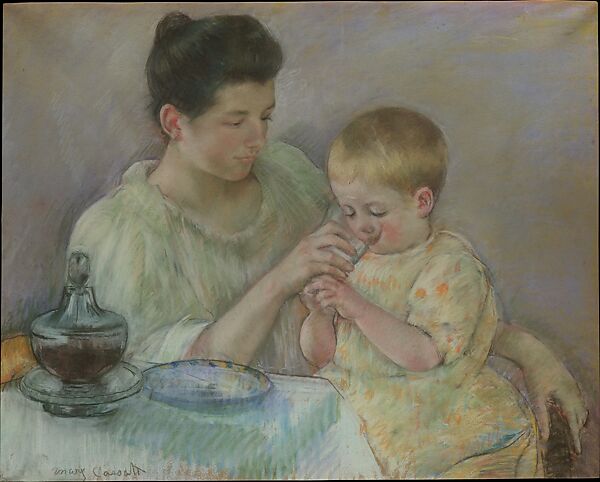 Mother Feeding Child, Mary Cassatt (American, Pittsburgh, Pennsylvania 1844–1926 Le Mesnil-Théribus, Oise), Pastel on wove paper, mounted on canvas, American 