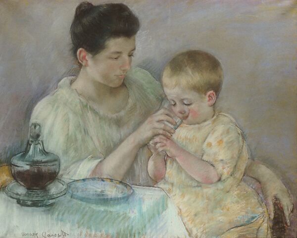 Mother Feeding Child, Mary Cassatt (American, Pittsburgh, Pennsylvania 1844–1926 Le Mesnil-Théribus, Oise), Pastel on wove paper, mounted on canvas, American