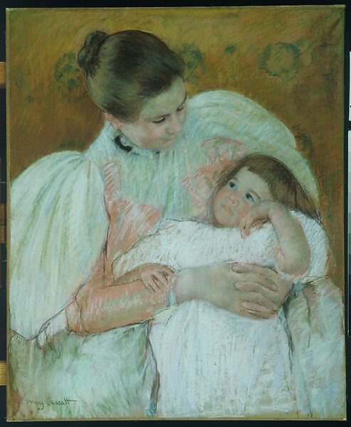 Nurse and Child, Mary Cassatt (American, Pittsburgh, Pennsylvania 1844–1926 Le Mesnil-Théribus, Oise), Pastel on wove paper (originally blue), mounted on canvas, American