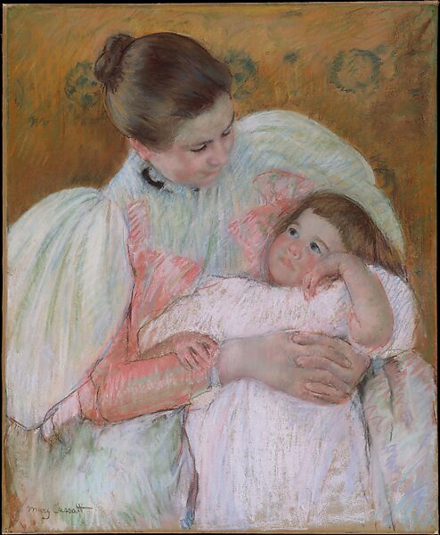 Nurse and Child, Mary Cassatt (American, Pittsburgh, Pennsylvania 1844–1926 Le Mesnil-Théribus, Oise), Pastel on wove paper (originally blue), mounted on canvas, American 
