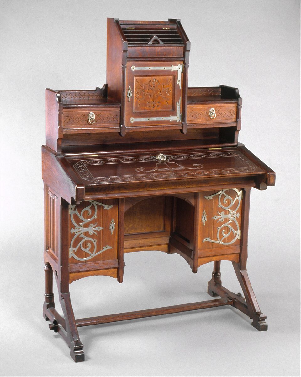 Desk, Kimbel and Cabus (American, New York, 1863–1882), Oak, nickel-plated brass and iron hardware, American 