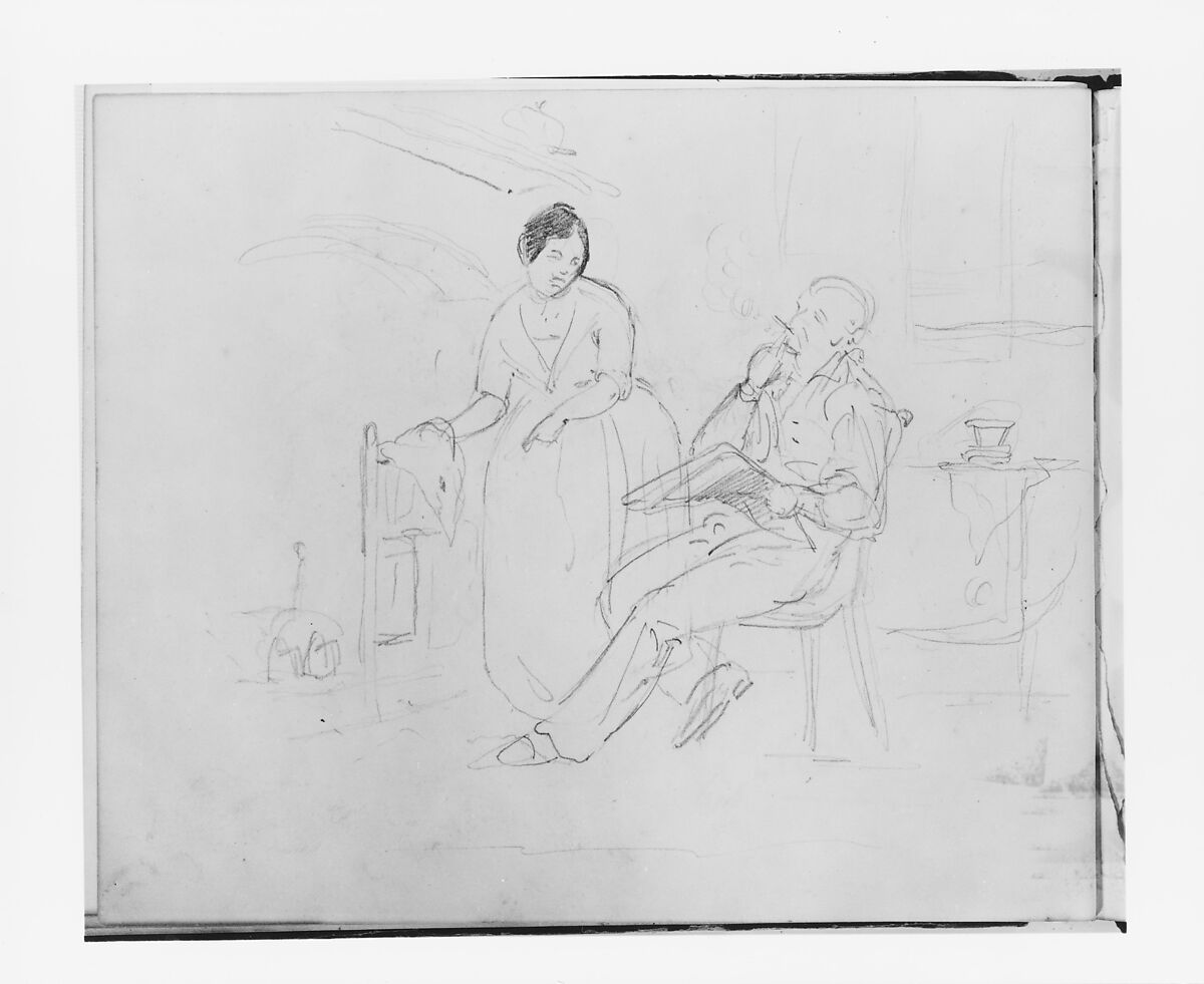 Interior Scene with Man Smoking and Woman Pointing (from Sketchbook), Francis William Edmonds (American, Hudson, New York 1806–1863 Bronxville, New York), Graphite on off-white wove paper, American 