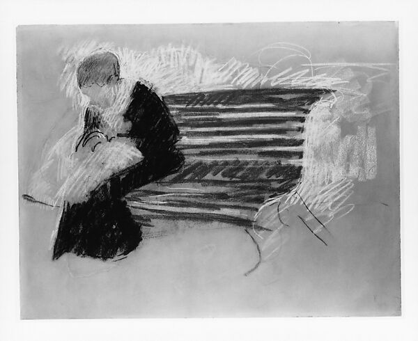 Woman on a Bench, Mary Cassatt (American, Pittsburgh, Pennsylvania 1844–1926 Le Mesnil-Théribus, Oise), Pastel on green wove paper, mounted on illustration board, American