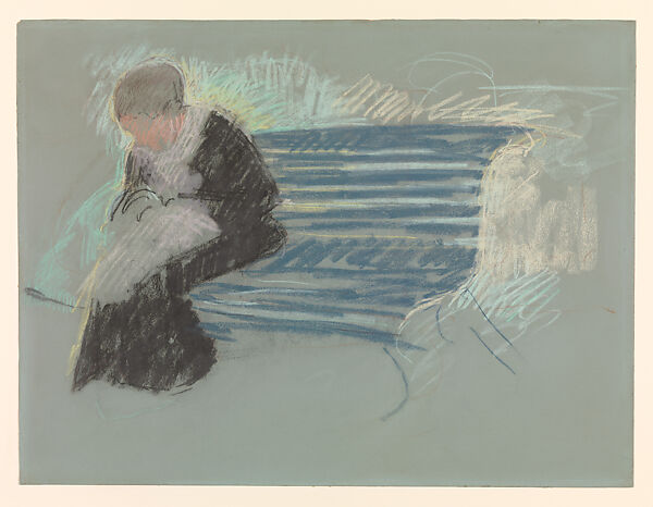 Woman on a Bench, Mary Cassatt (American, Pittsburgh, Pennsylvania 1844–1926 Le Mesnil-Théribus, Oise), Pastel on green wove paper, mounted on illustration board, American 