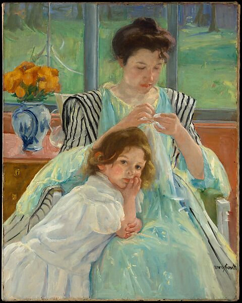 Young Mother Sewing, Mary Cassatt (American, Pittsburgh, Pennsylvania 1844–1926 Le Mesnil-Théribus, Oise), Oil on canvas, American 