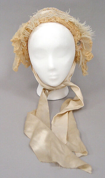 Bonnet, silk, ostrich feathers, American or European