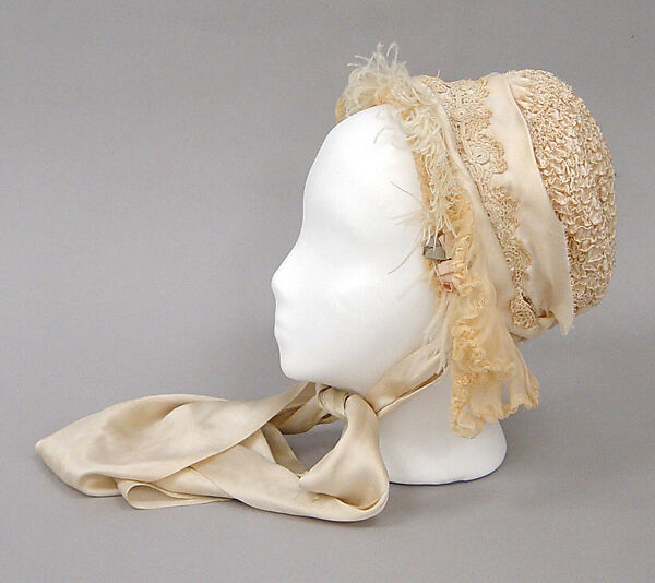 Bonnet, silk, ostrich feathers, American or European 