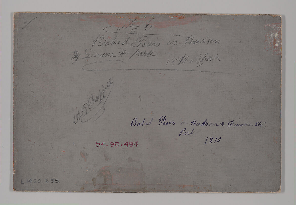 Baked Pears in Duane Park, William P. Chappel (American, 1801–1878), Oil on slate paper, American