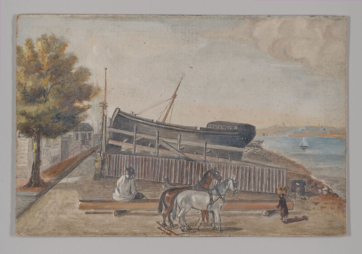 Berg's Ship Yard, William P. Chappel (American, 1801–1878), Oil on slate paper, American 