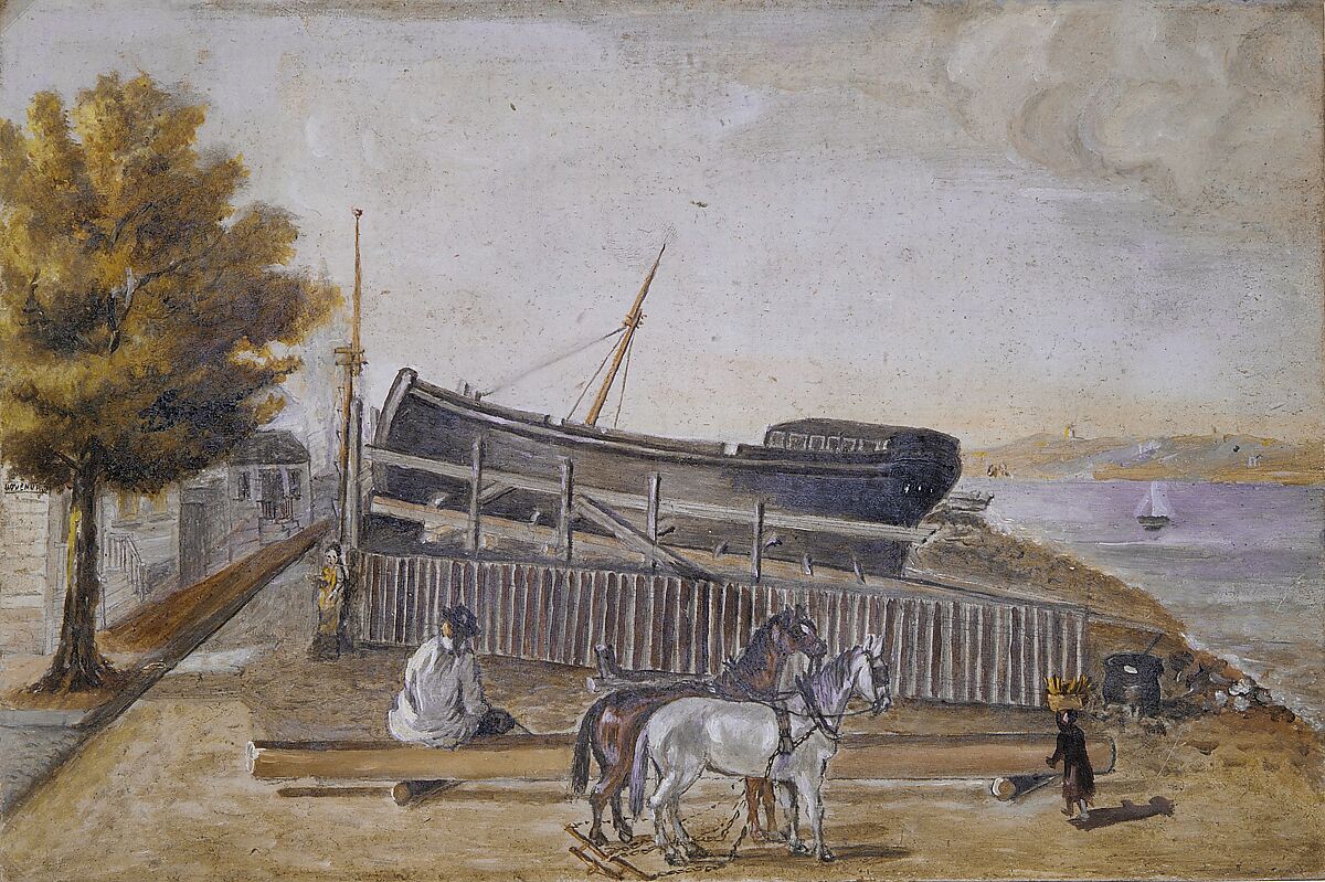 Berg's Ship Yard, William P. Chappel (American, 1801–1878), Oil on slate paper, American