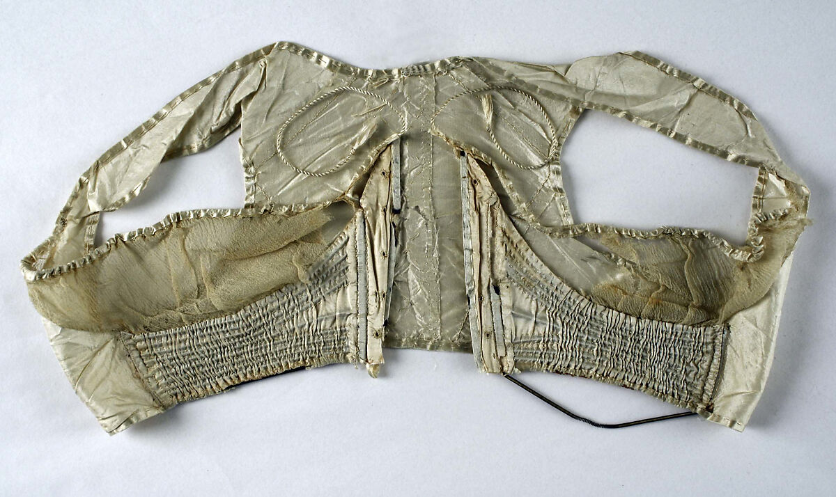 Corset, silk, metal, baleen, probably French 