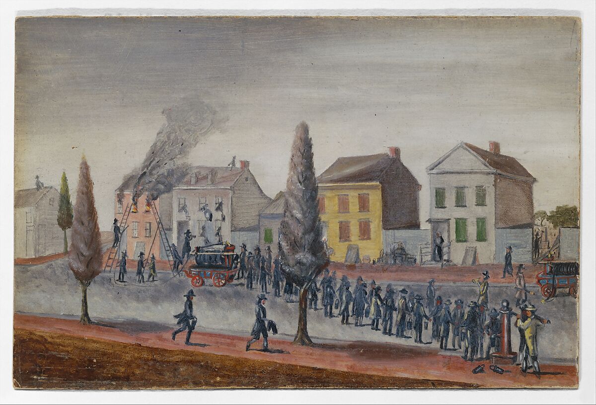 Fighting a Fire, William P. Chappel (American, 1801–1878), Oil on slate paper, American