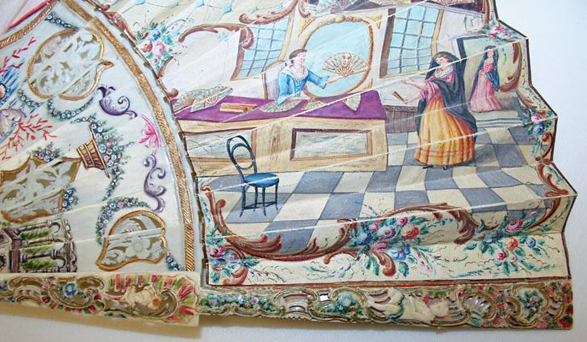 Fan, ivory, parchment, mother-of-pearl, glass, Spanish