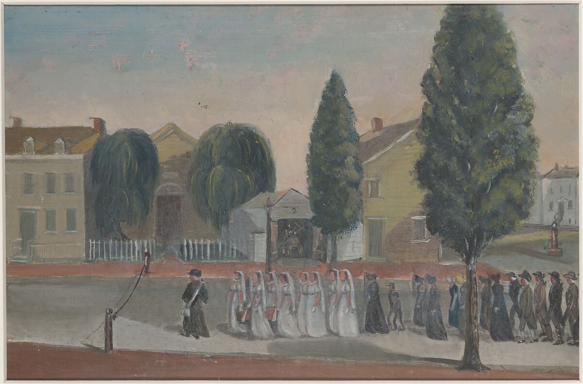 Infant Funeral Procession, William P. Chappel (American, 1801–1878), Oil on slate paper, American