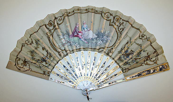 Fan, mother-of-pearl, silk, American or European 