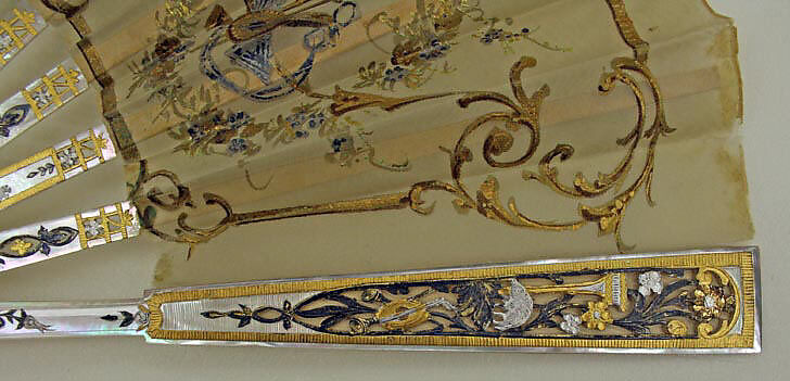 Fan, mother-of-pearl, silk, American or European