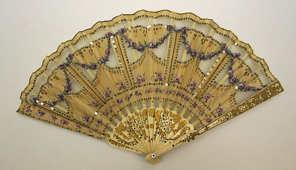 Fan, ivory, silk, metal, American or European 