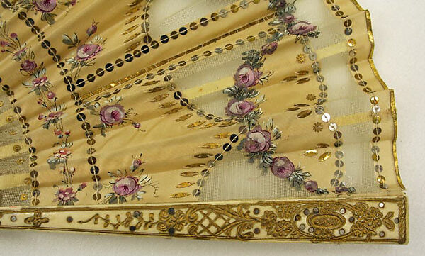 Fan, ivory, silk, metal, American or European