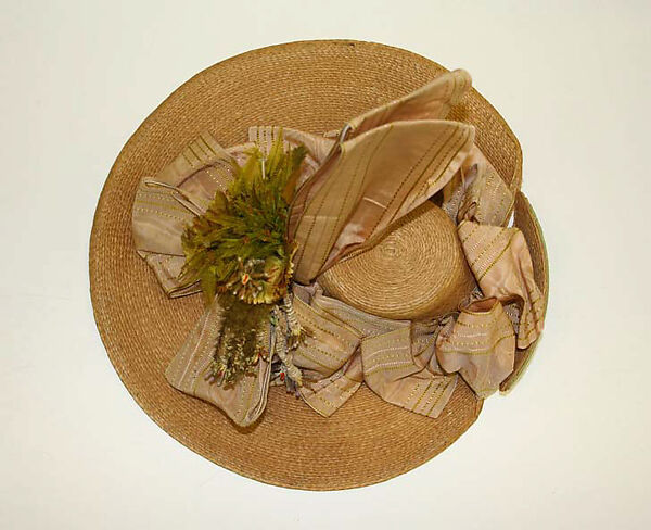 Hat, silk, raffia, cotton, probably French 