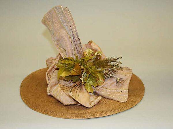 Hat, silk, raffia, cotton, probably French