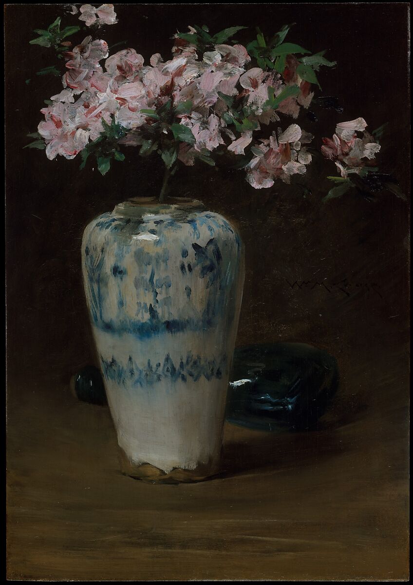 Pink Azalea—Chinese Vase, William Merritt Chase (American, Williamsburg, Indiana 1849–1916 New York), Oil on wood, American 