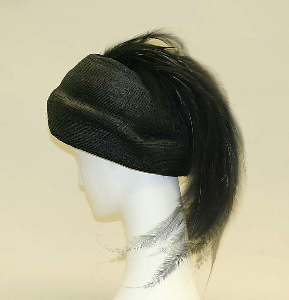 Turban, straw, silk, feathers, American