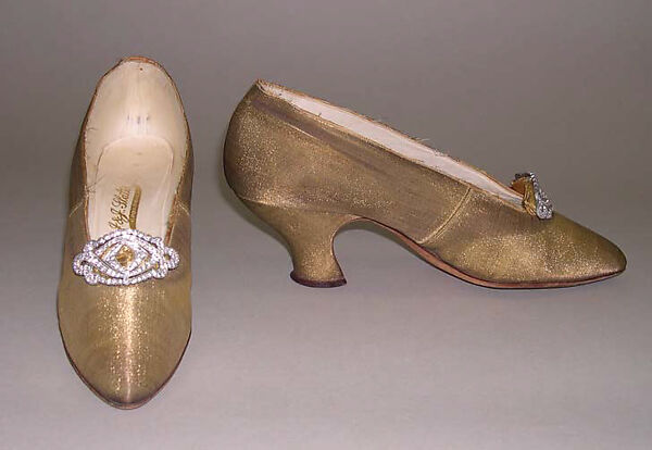 Evening slippers, J. &amp; J. Slater (American), metal, leather, wood, silk, rhinestones, American 