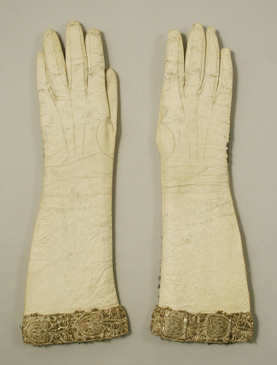 Gloves, leather, silk, gold, probably French