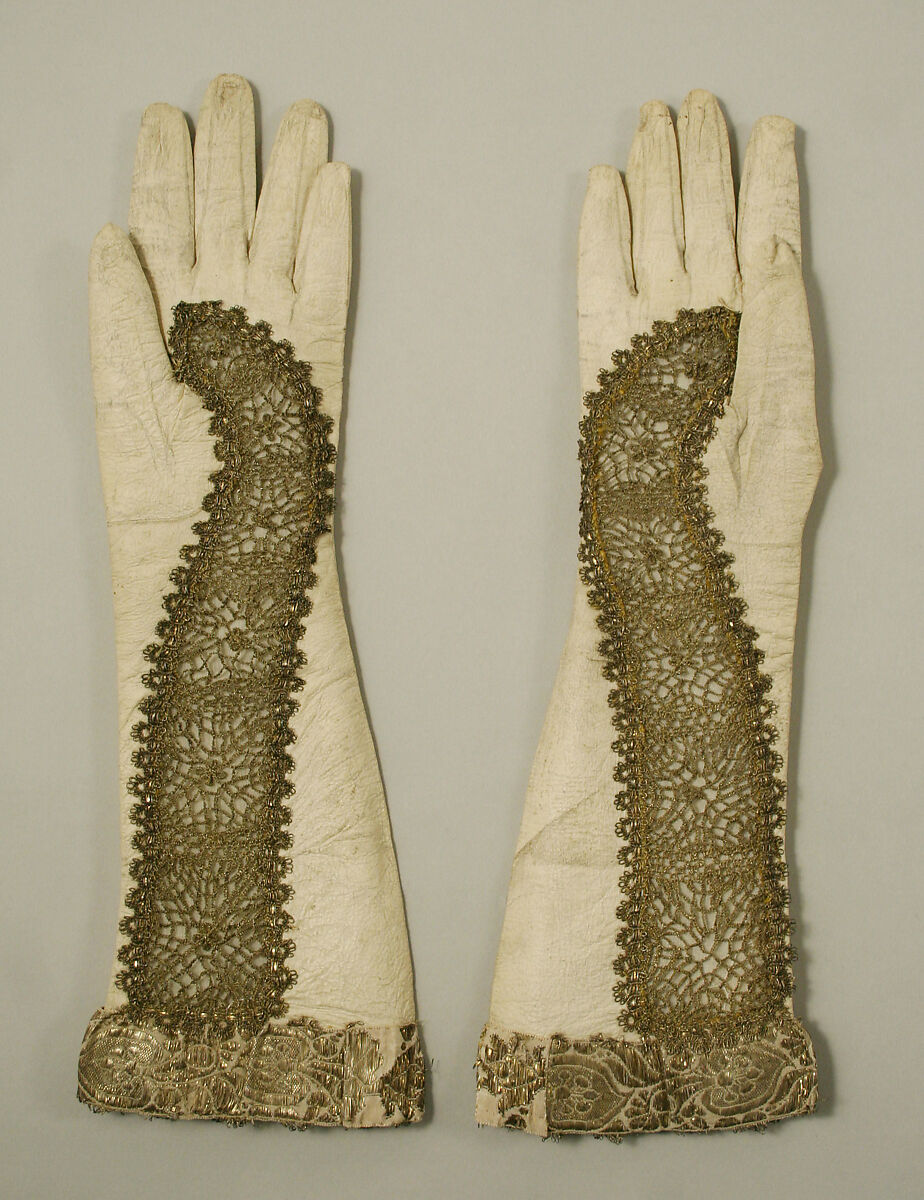 Gloves, leather, silk, gold, probably French 