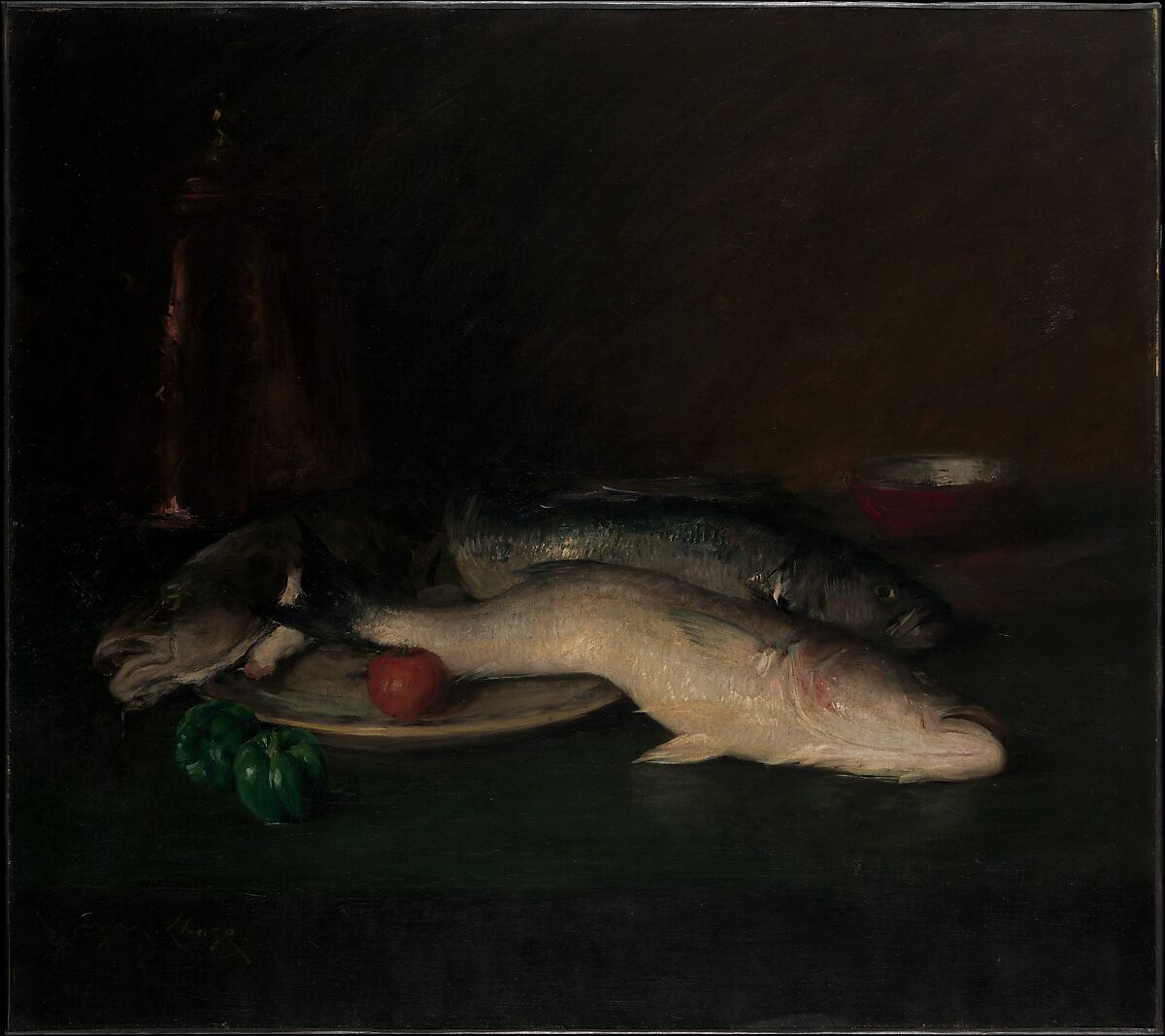 Still Life: Fish, William Merritt Chase (American, Williamsburg, Indiana 1849–1916 New York), Oil on canvas, American 