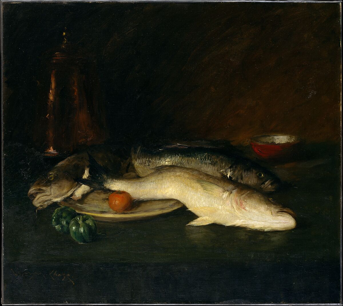 Still Life: Fish, William Merritt Chase (American, Williamsburg, Indiana 1849–1916 New York), Oil on canvas, American