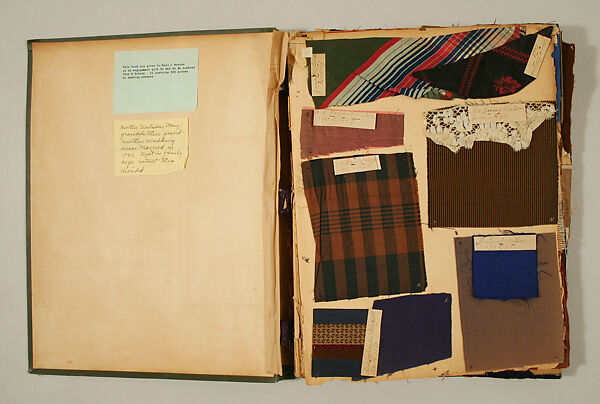 Swatch book, paper, fabric swatches, American