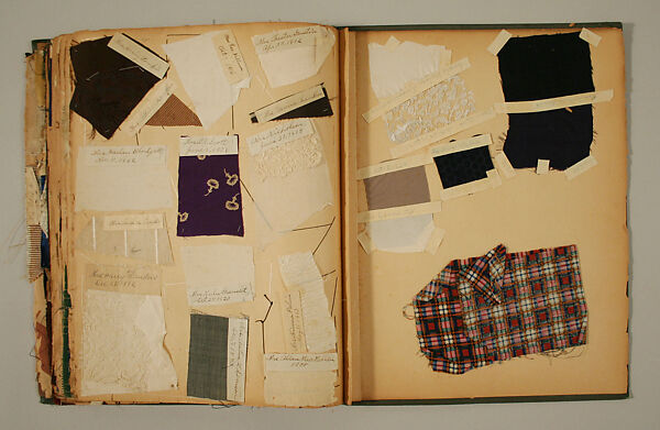 Swatch book, paper, fabric swatches, American