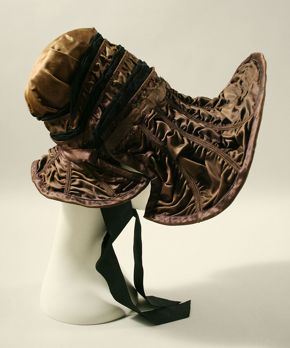 Bonnet, silk, metal wire, buckram, American
