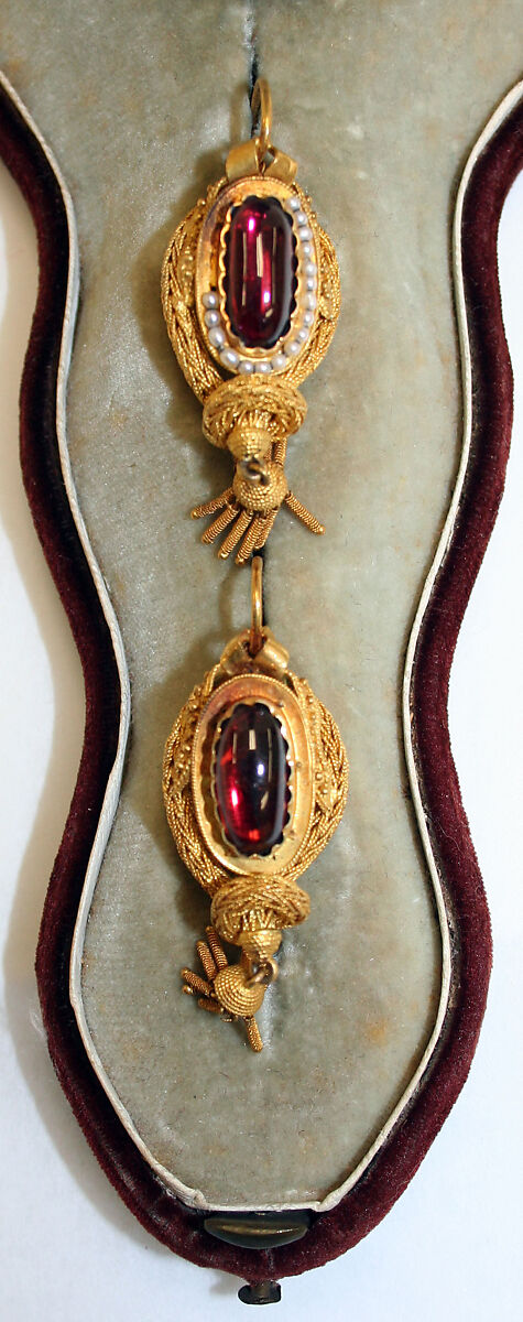 Earrings, gold, garnet, pearl, probably American